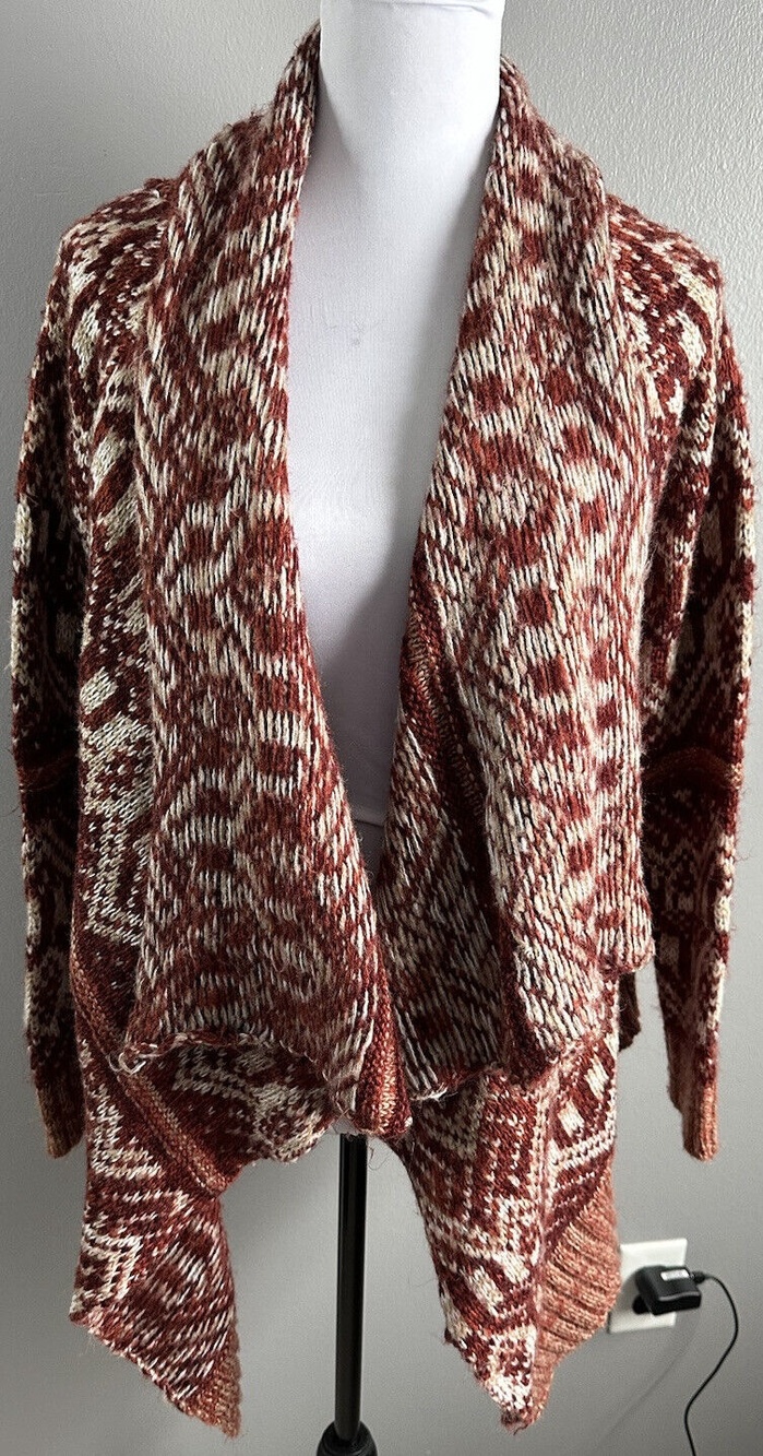 Wow Couture Orange Aztec Open Front Cardigan 100% Mohair Women's S Hi Lo Sweater